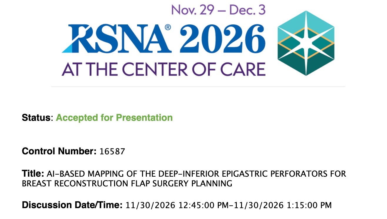 RSNA 2026 acceptance notice, headed "RSNA 2026 — At the Center of Care, Nov. 29 to Dec. 3". Status: Accepted for Presentation. Control number 16587. Title: AI-based mapping of the deep-inferior epigastric perforators for breast reconstruction flap surgery planning. Discussion date and time: 30 November 2026, 12:45 PM to 1:15 PM.